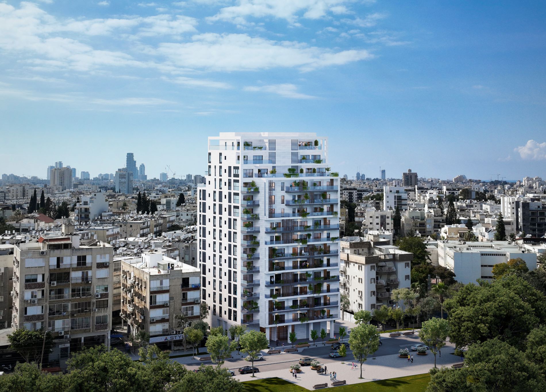 פרויקט אאורה סרלין חולון - בניין מגורים רב קומות מרובע בצע בלבן עם מרפסות גדולות ומרווחות.